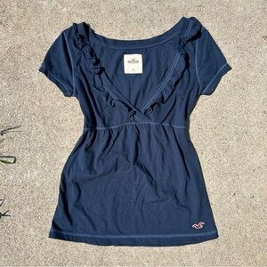 Vintage Y2K Hollister baby doll ruffled V-neck navy blue short sleeve top